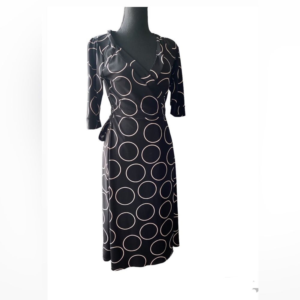 Merona Black White Circle Print Faux Wrap Dress Women’s XS 3/4 Sleeve Stretch